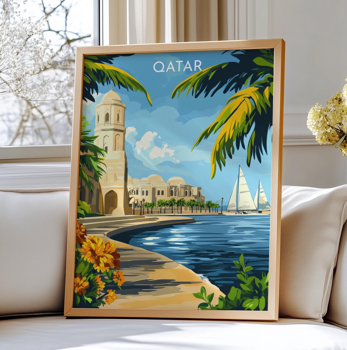 Qatar Doha Waterfront Palm Promenade Vintage Travel Art Poster