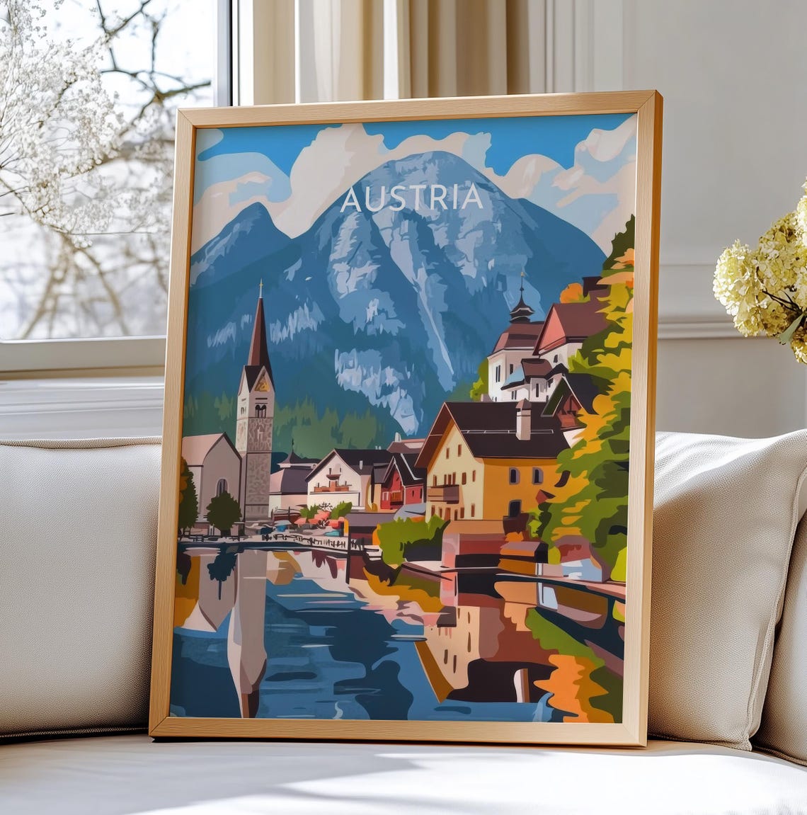 Austria Alpine Village Church Lakeside Mountain Reflection Poster