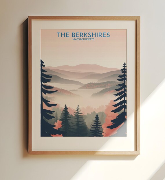The Berkshires Massachusetts Travel Poster Misty Mountains Pine Forest