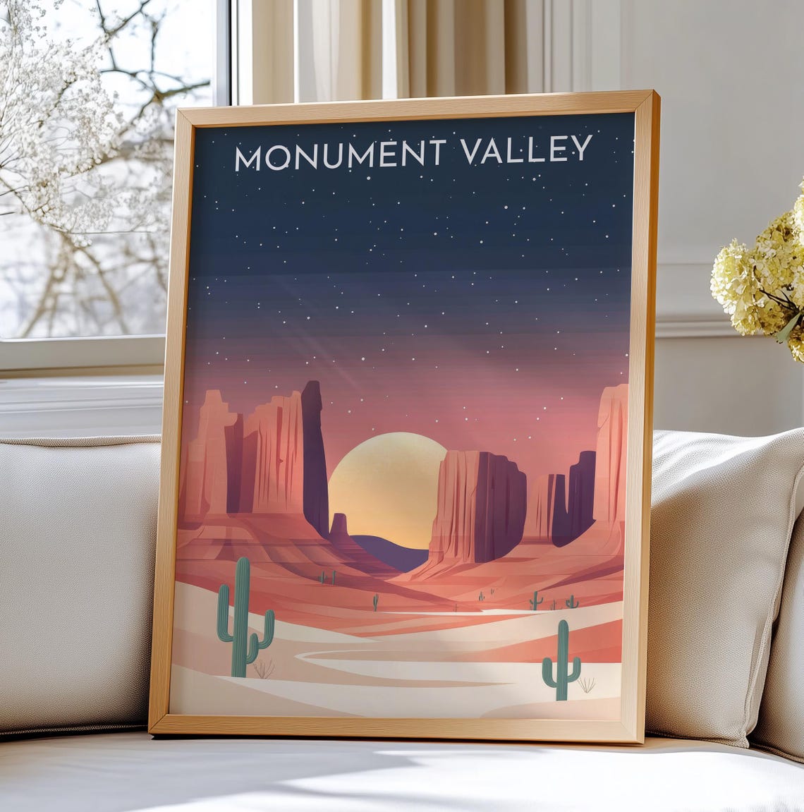 Monument Valley Night Desert Poster Starry Sky Cacti Sunset Art