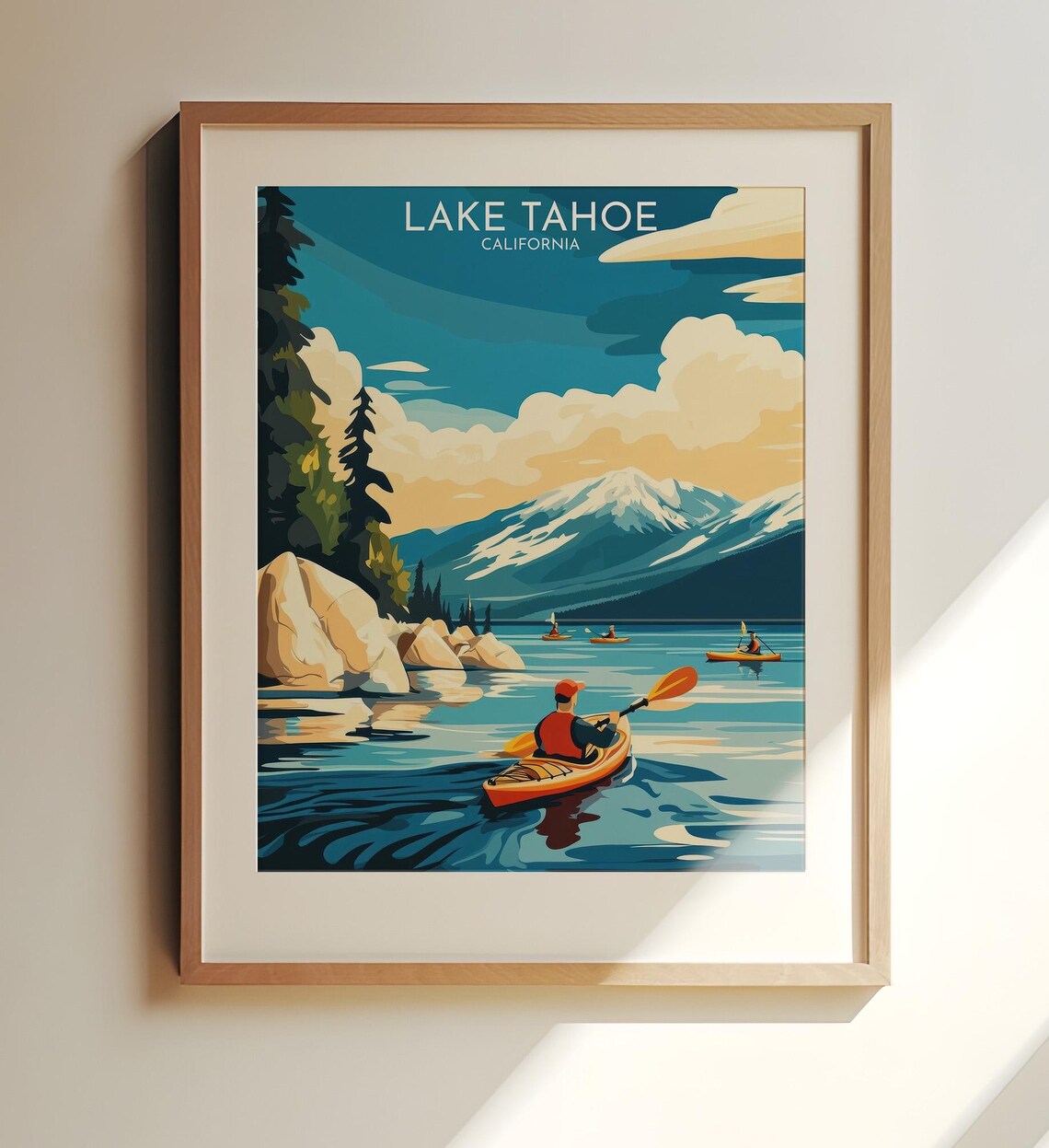 Lake Tahoe California Kayakers Mountain Lake Vintage Travel Poster