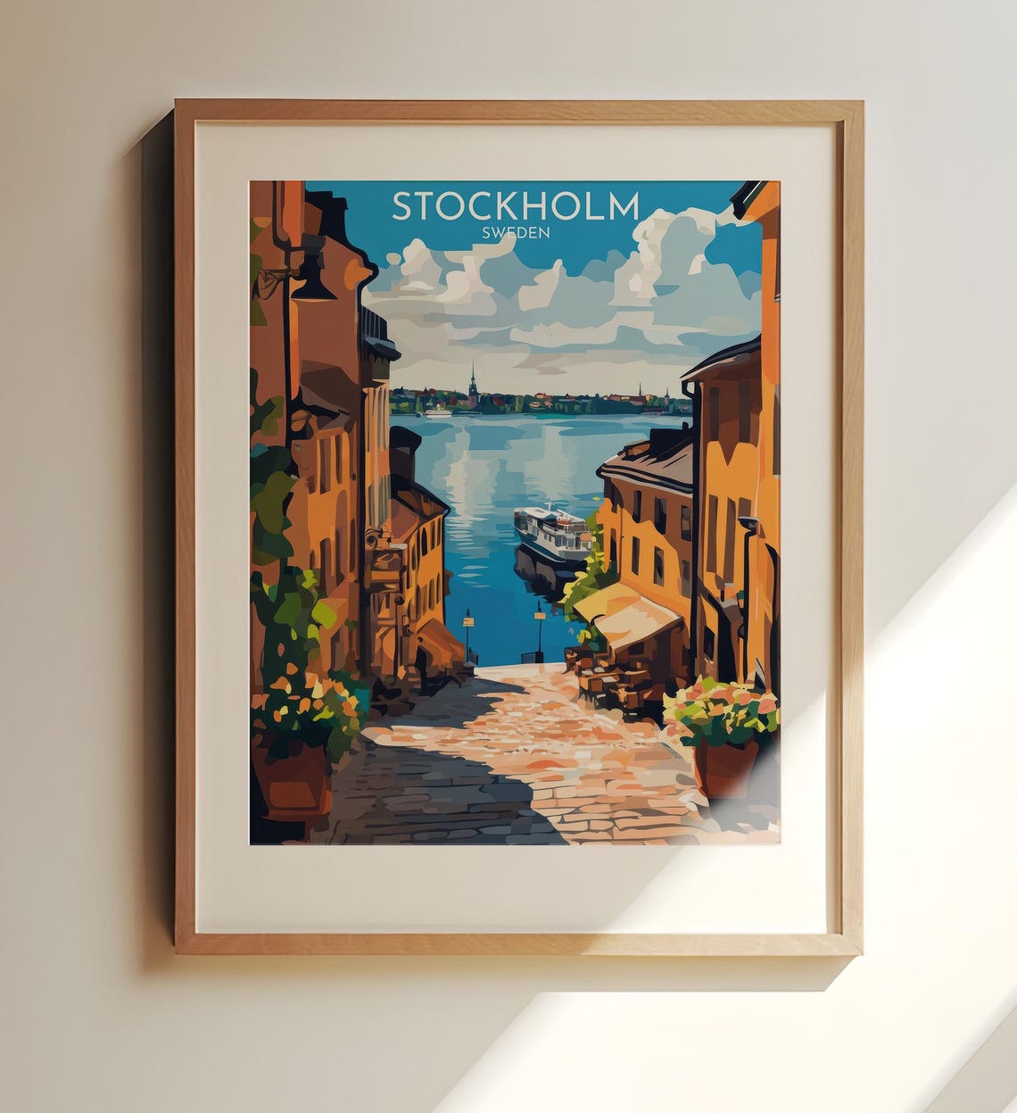 Stockholm Sweden Old Town Harbor Cobblestone Street Travel Poster
