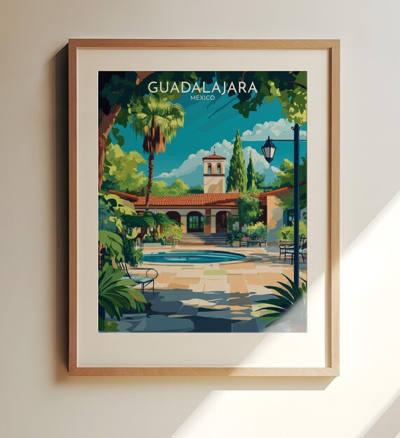 Guadalajara Mexico Colonial Courtyard Pool Travel Art Poster