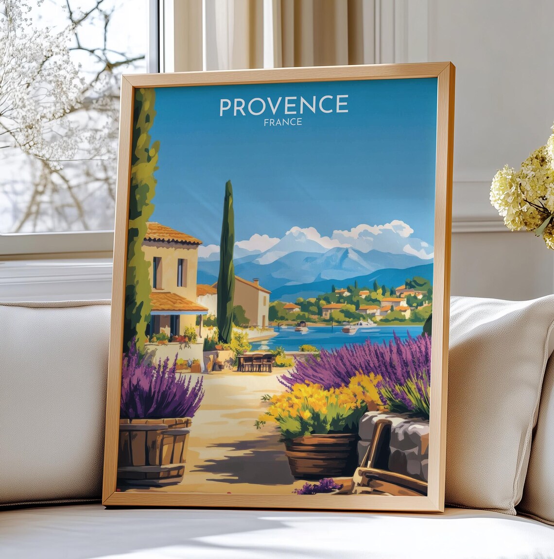 Provence France Lavender Fields Lake Scenic Mountain Travel Poster