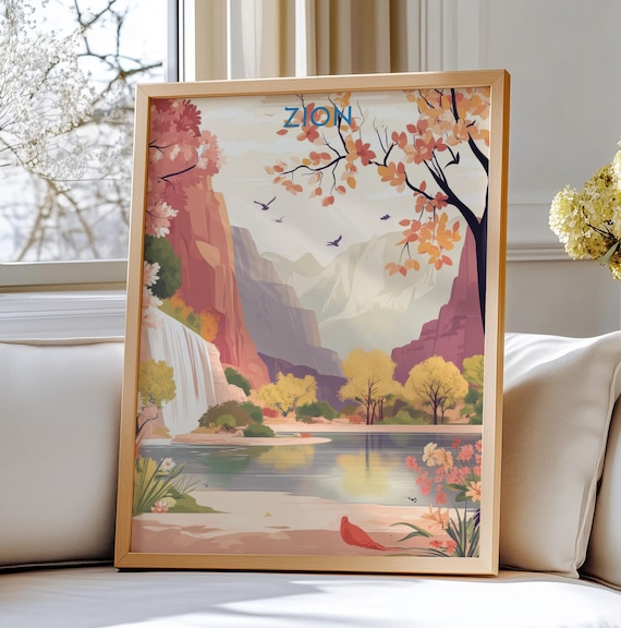 Zion National Park Autumn Canyon Waterfall Scenic Travel Poster