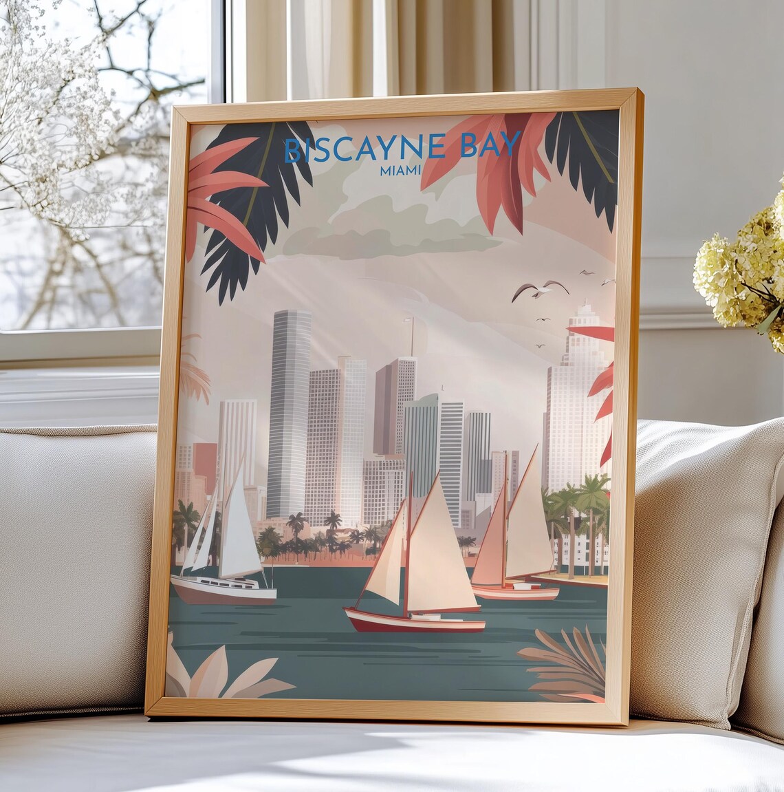Biscayne Bay Miami Travel Poster Art Skyline Illustration With Sailboats