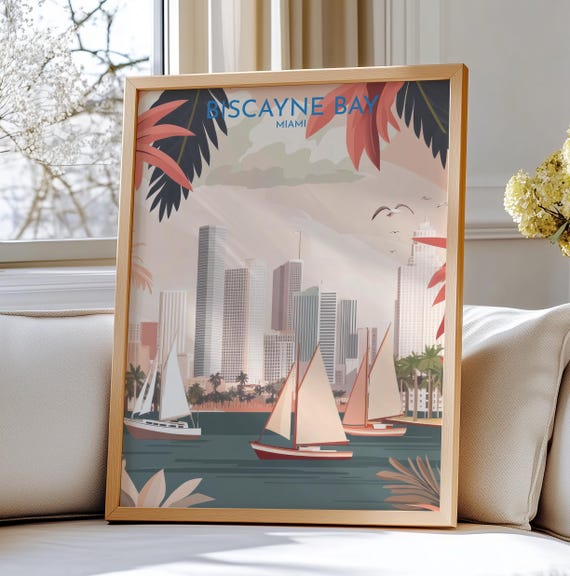Biscayne Bay Miami Travel Poster Art Skyline Illustration With Sailboats