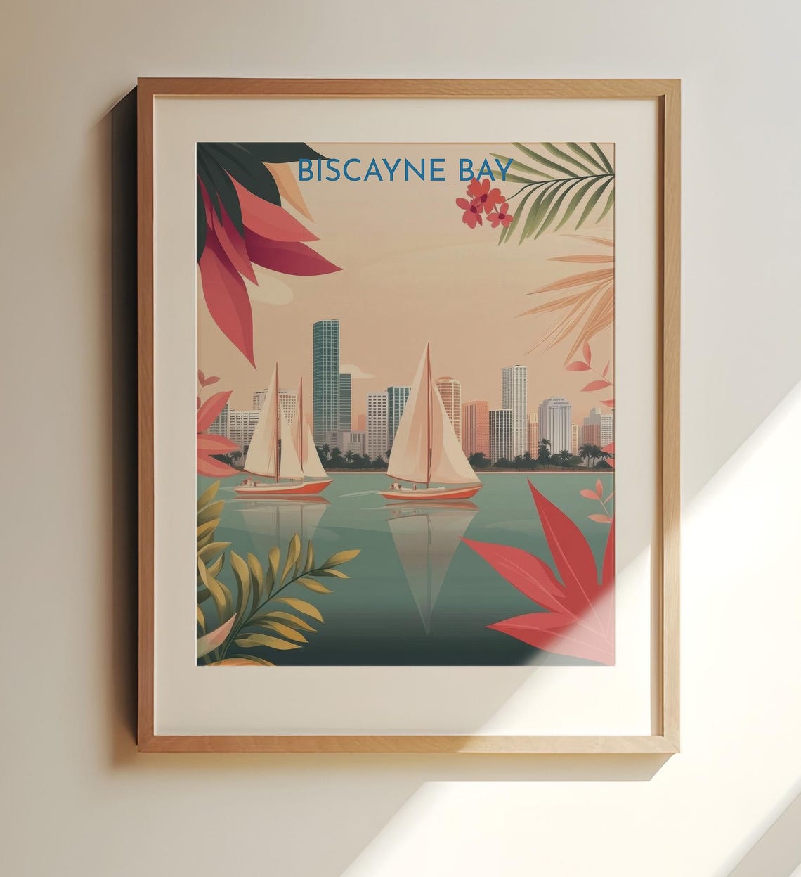 Biscayne Bay Miami Skyline Sailboat Tropical Travel Art Poster