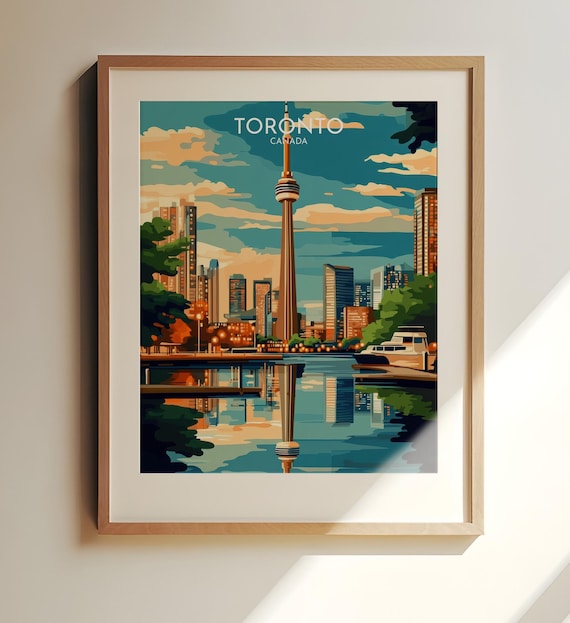 Toronto Canada Travel Print Art Cn Tower And Skyline Reflection Poster