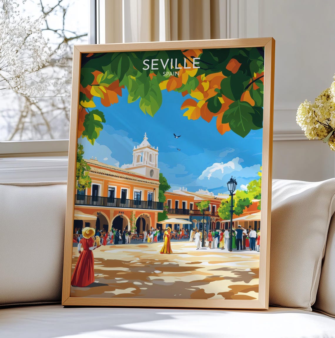 Seville Spain Wall Art Travel Vibrant Plaza Scene With Autumn Leaves