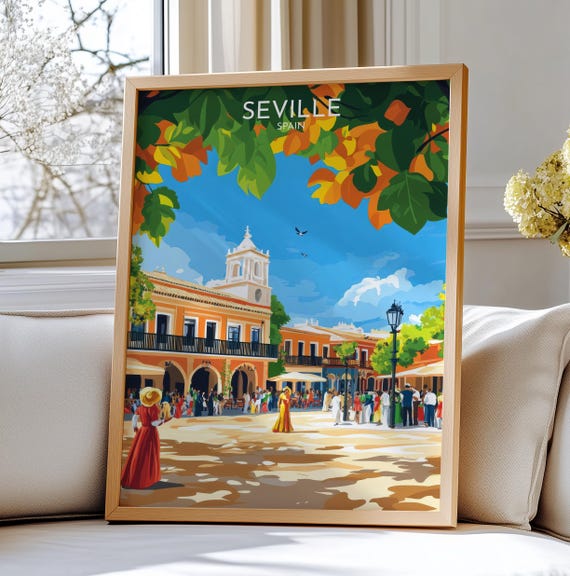 Seville Spain Wall Art Travel Vibrant Plaza Scene With Autumn Leaves