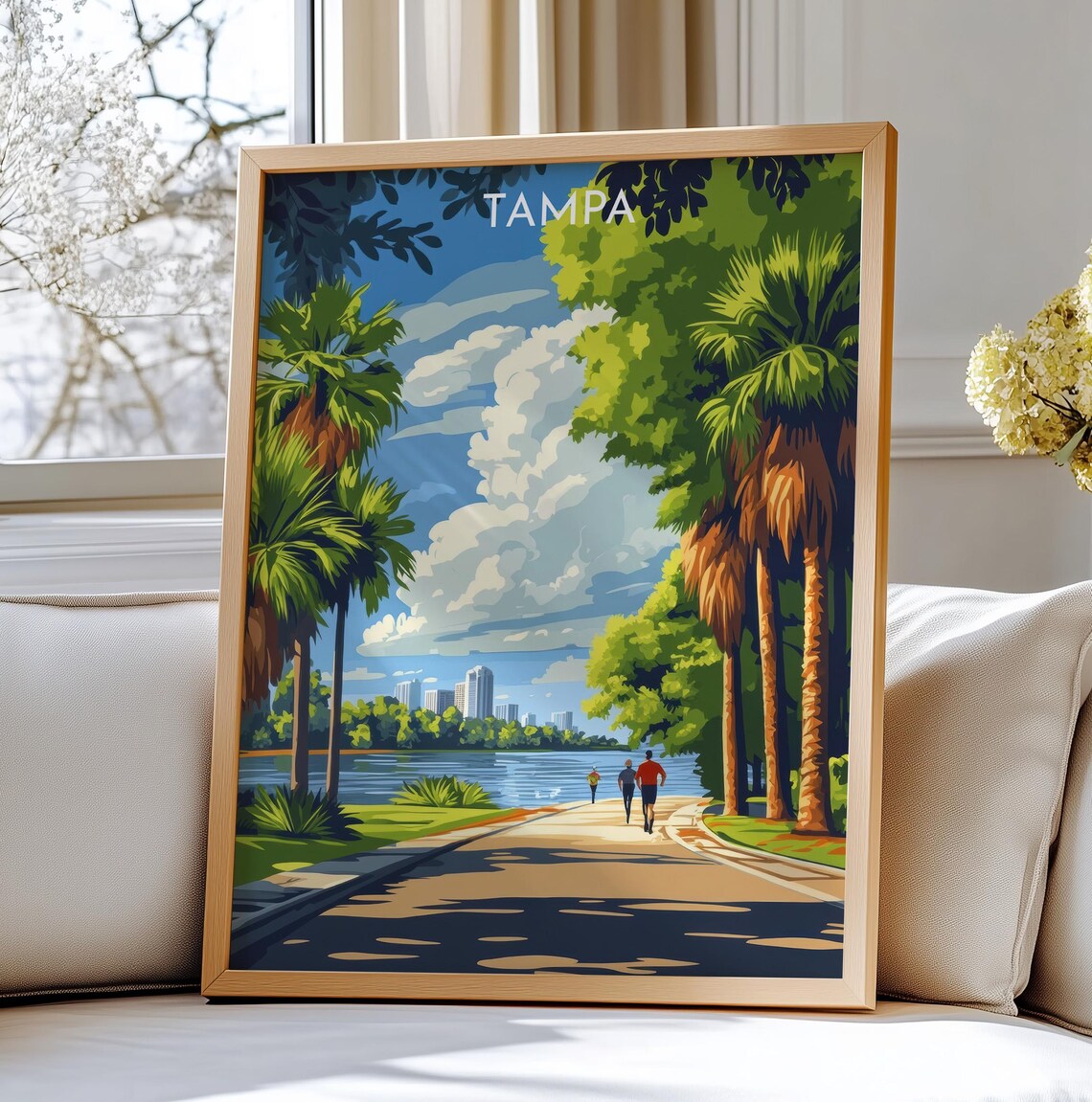 Tampa Florida Wall Art Travel Scenic Riverwalk Path With Palm Trees And Skyline