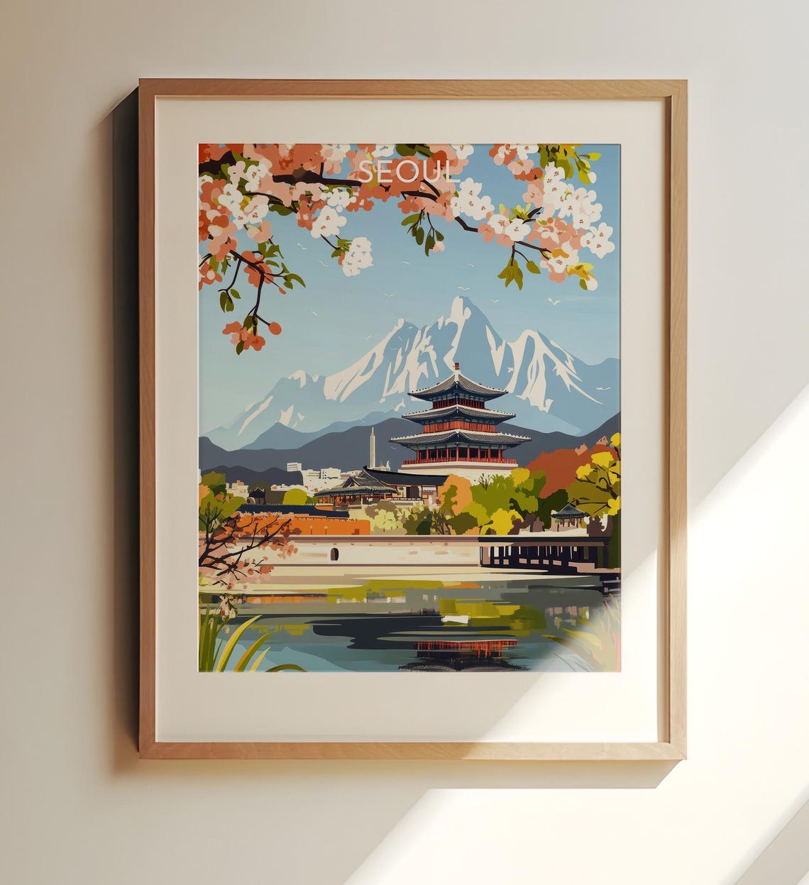 Seoul Korea Temple Pagoda Cherry Blossoms Vintage Travel Poster