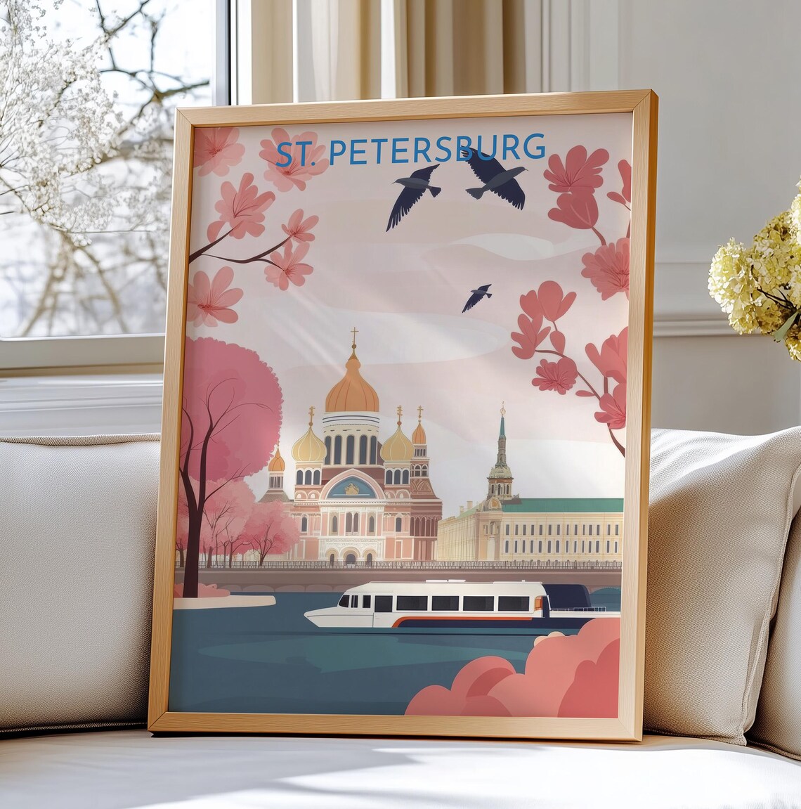 St Petersburg Travel Poster Church Spilled Blood River Boat Spring Art