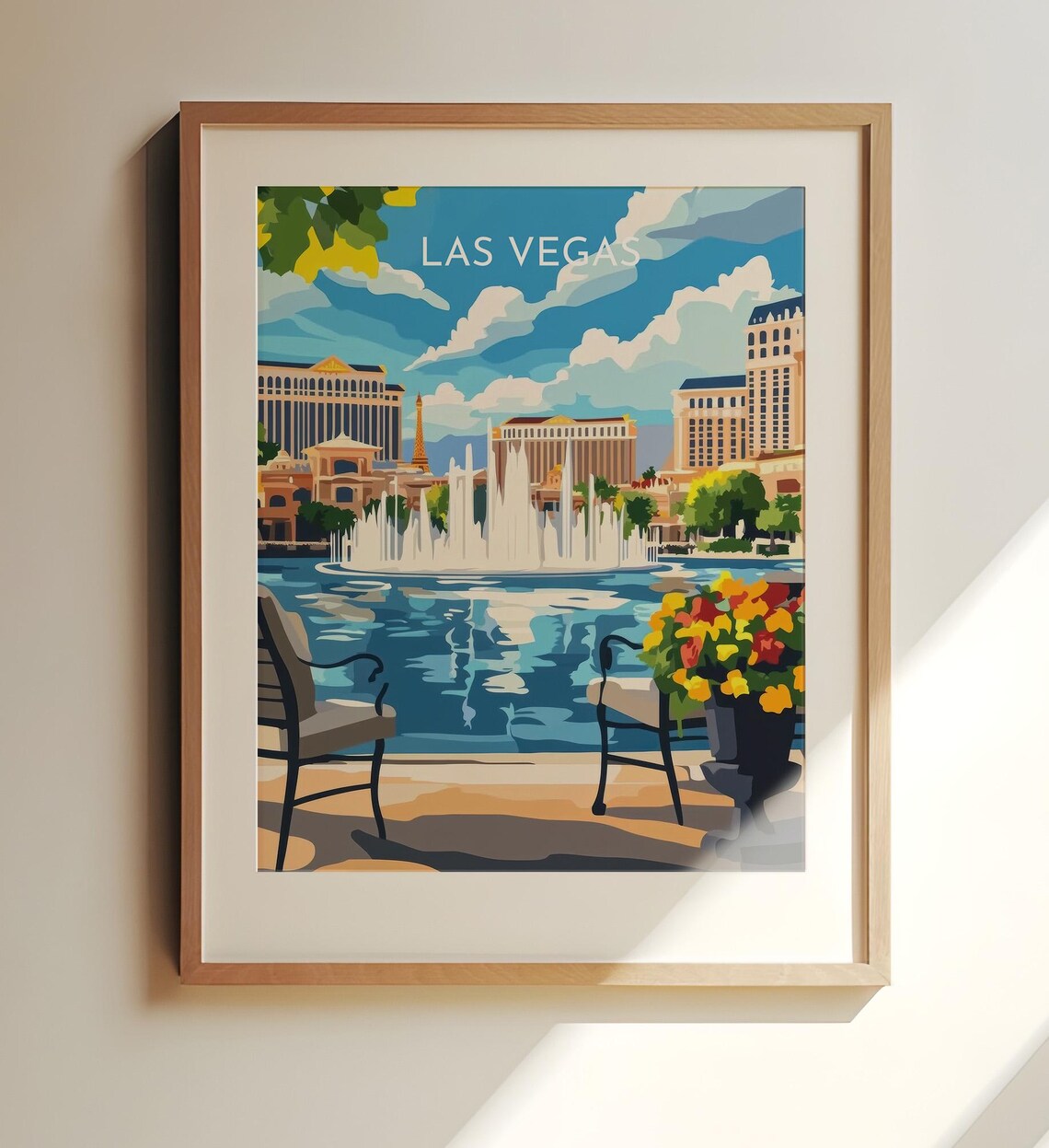 Las Vegas Bellagio Fountain Bench View Vintage Travel Art Poster