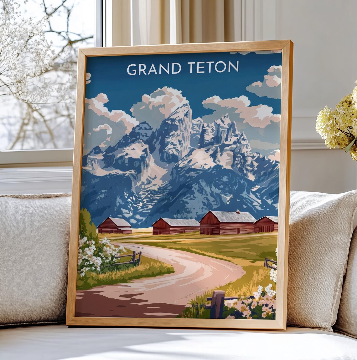Grand Teton Rustic Barns Winding Road Wildflower Vintage Travel Poster