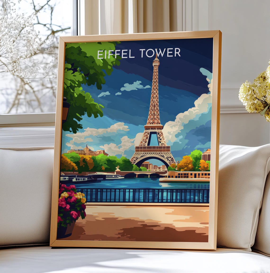 Eiffel Tower Paris Dusk Travel Poster Night Sky Flowers Scenic Art
