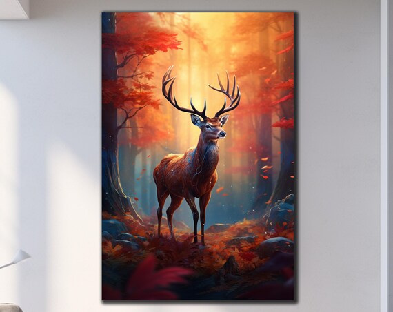 Red Deer Stag Glass Wall Art Autumn Forest Golden Light Antlers Decor Print