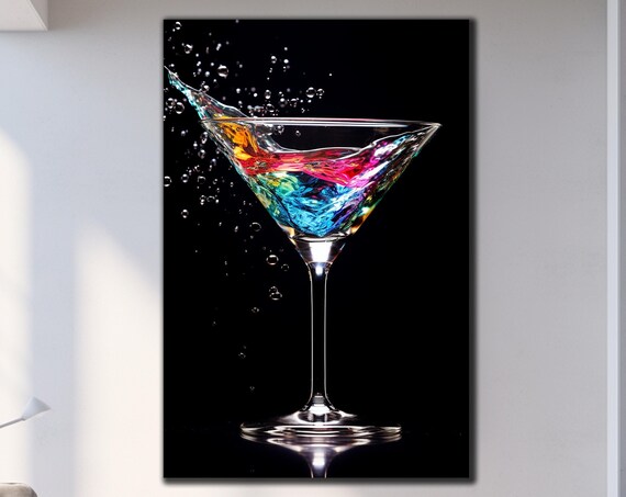 Rainbow Cocktail Splash Martini Glass Wall Art Black Background Colorful Bar Print
