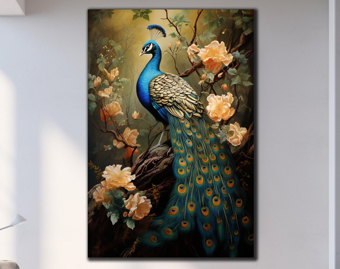 Peacock Golden Roses Floral Forest Vintage Botanical Style Wall Art