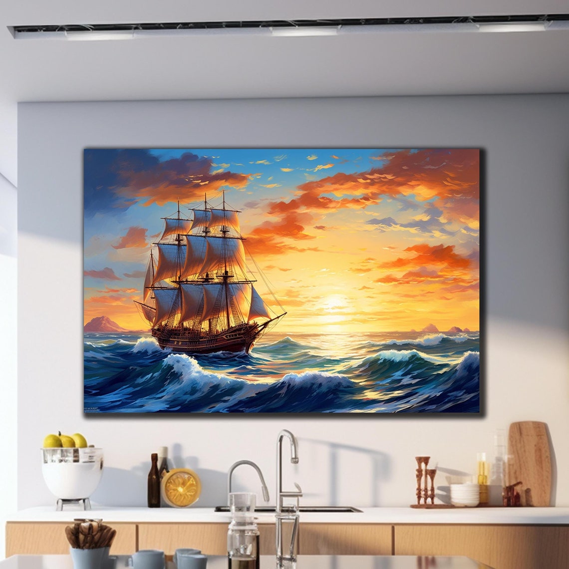 Tall Sailing Ship Sunset Orange Sky Ocean Waves Nautical Poster