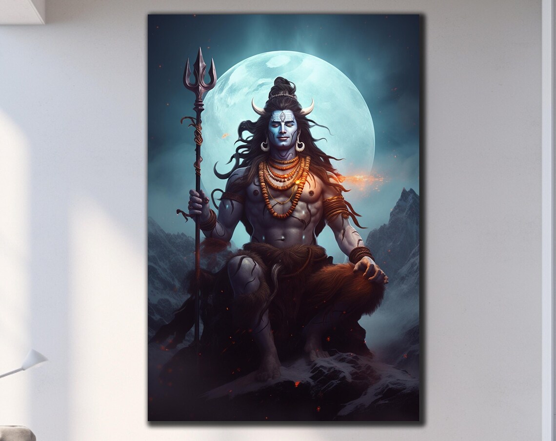 Lord Shiva Trident Full Moon Mountain Night Hindu God Wall Art Poster