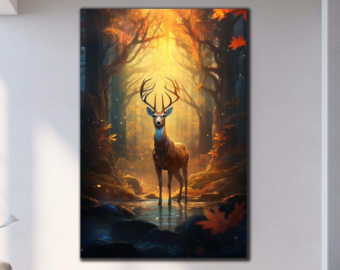 Stag Standing Water Glass Wall Art Enchanted Autumn Forest Golden Light Print