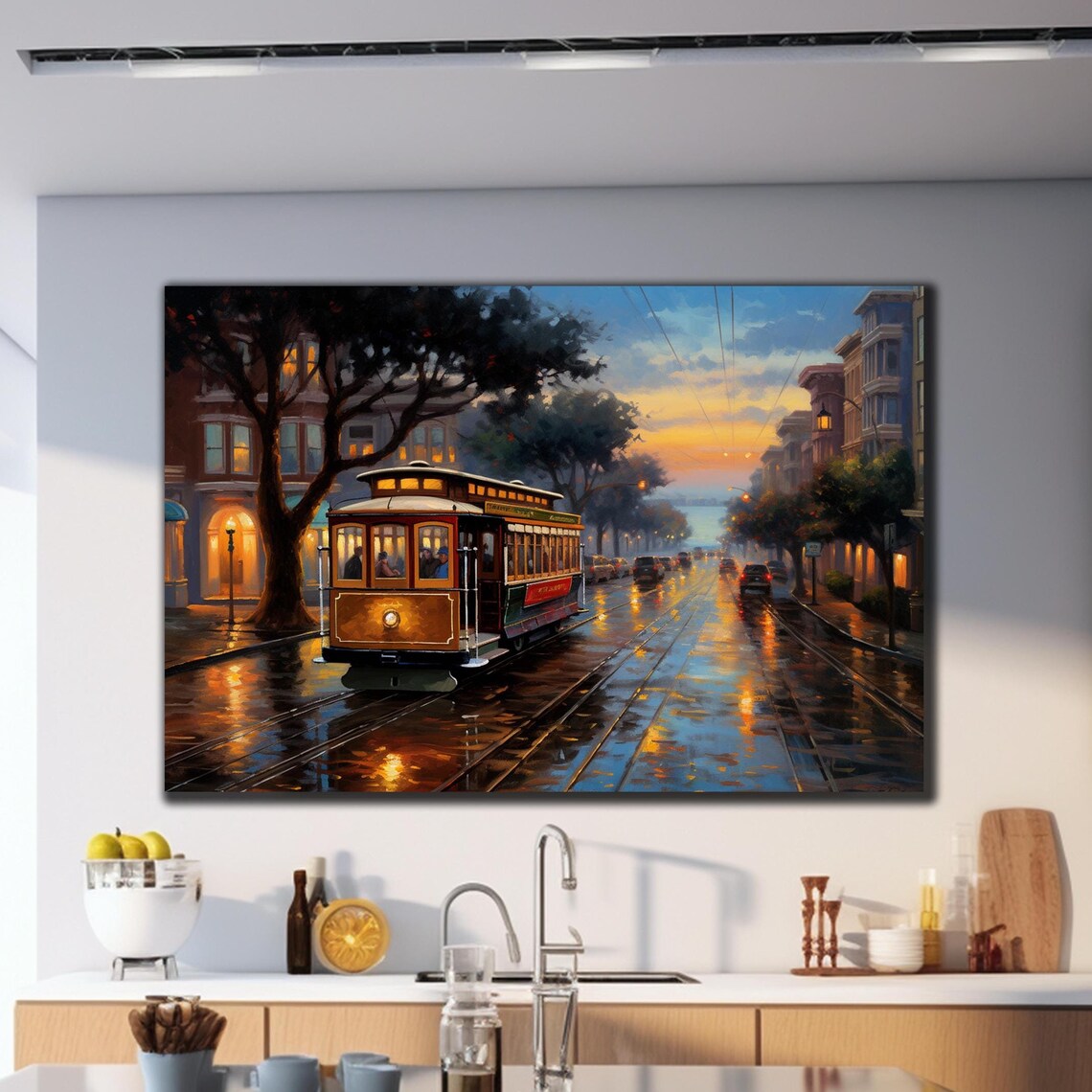 San Francisco Cable Car Sunset Wet Street Golden Reflections Print