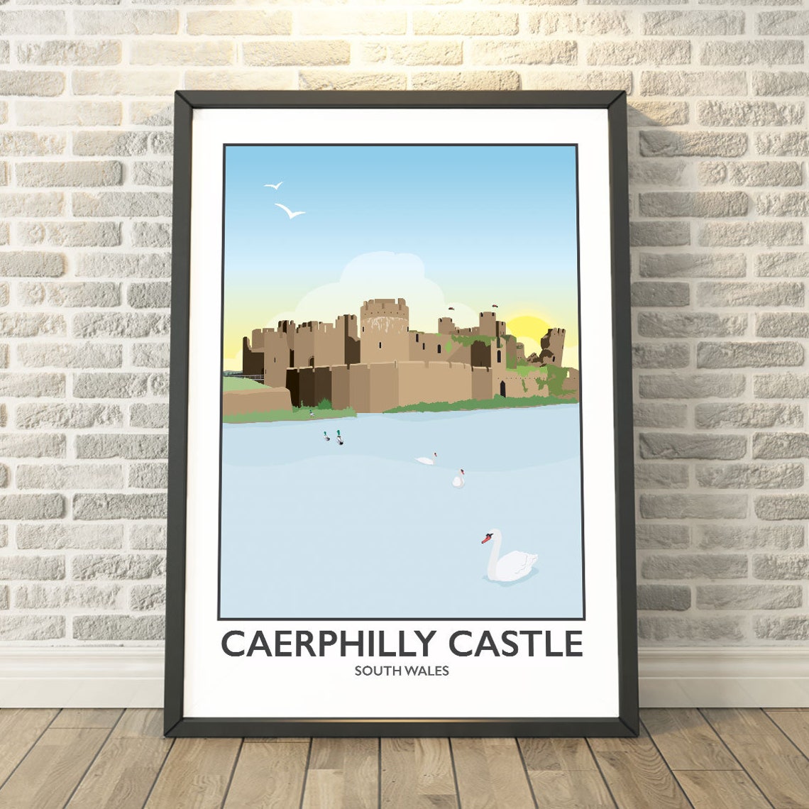 Caerphilly Castle South Wales Swans on Moat Vintage Travel Poster