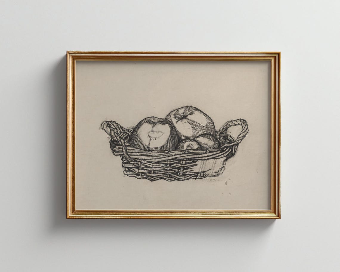 Apples in Wicker Basket Vintage Pencil Sketch Still Life Poster
