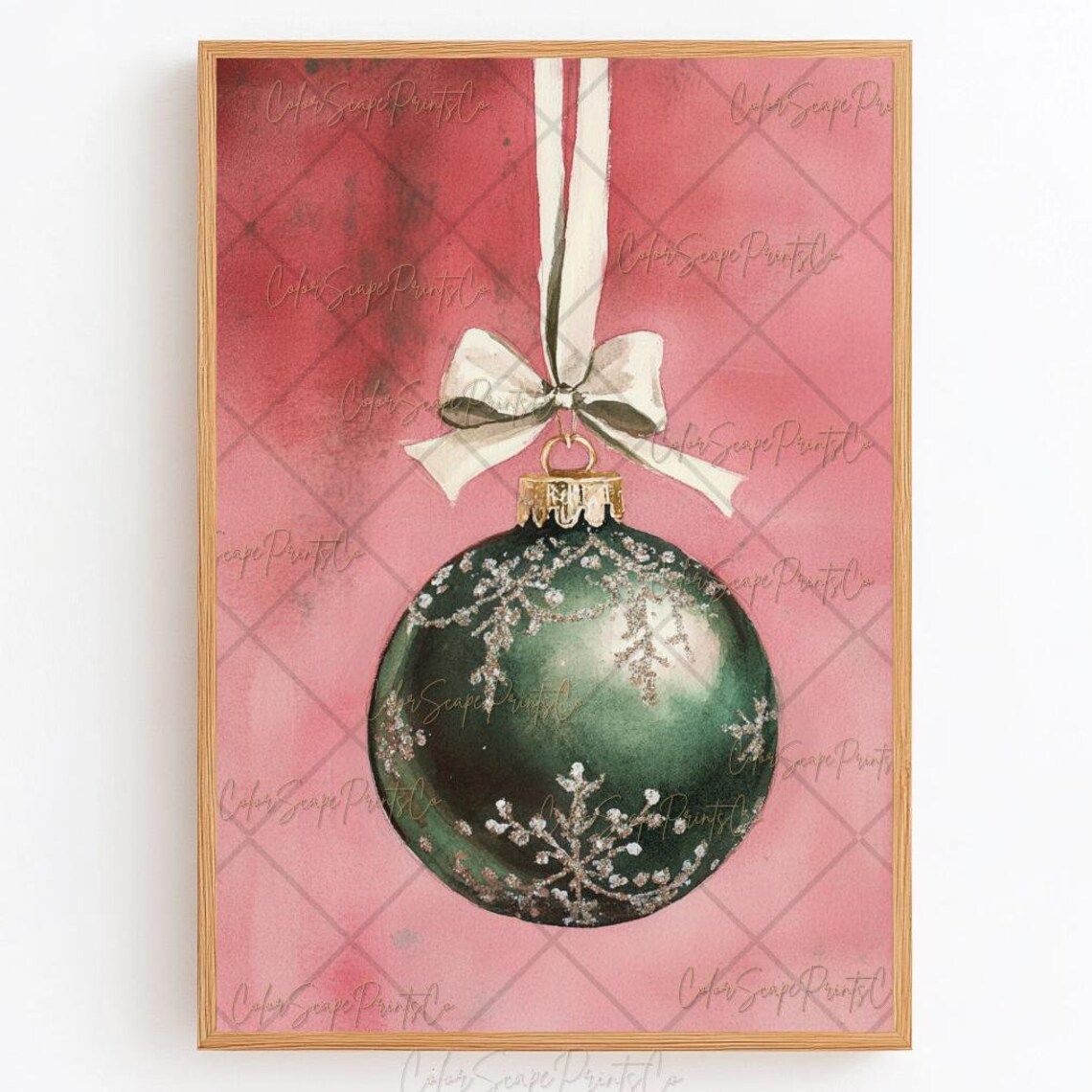 Sage Green Christmas Bauble Ornament Pink Watercolor Poster Art