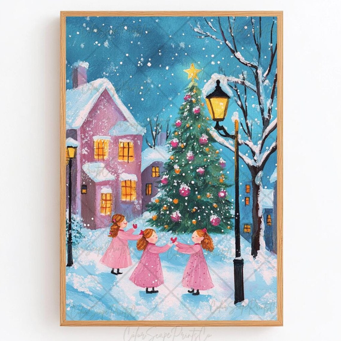 Christmas Carolers Girls Dancing in Snowy Village Square Wall Art