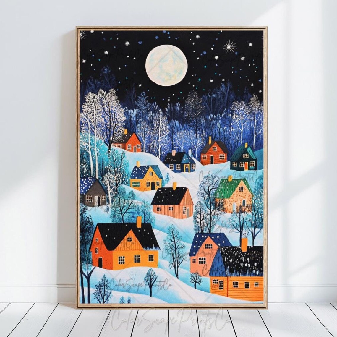 Winter Village Moonlit Snow Night Folk Art Holiday Christmas Poster