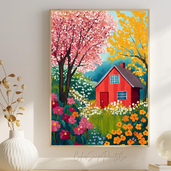 Spring Garden Wall Art Colorful Landscape Print Summer Illustration Blooming Flowers Scenery Green Nature