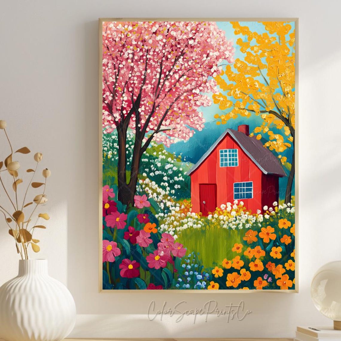 Spring Garden Wall Art Colorful Landscape Print Summer Illustration Blooming Flowers Scenery Green Nature