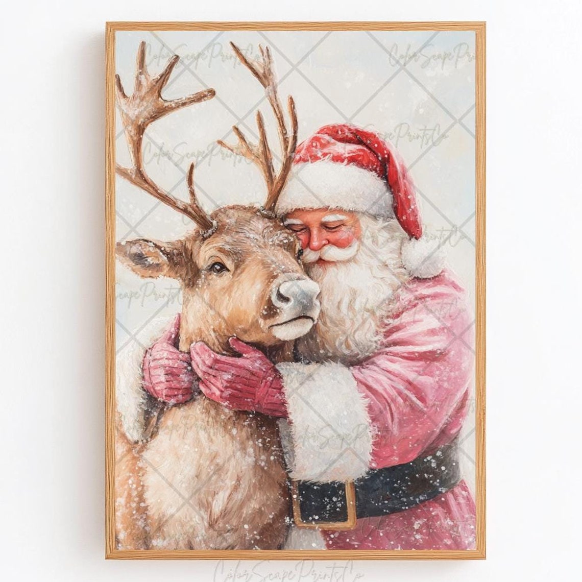 Santa Claus And Reindeer Print Pink Santa Claus Painting Christmas Snowy Landscape Print Christmas Holiday Decor Christmas Nursery
