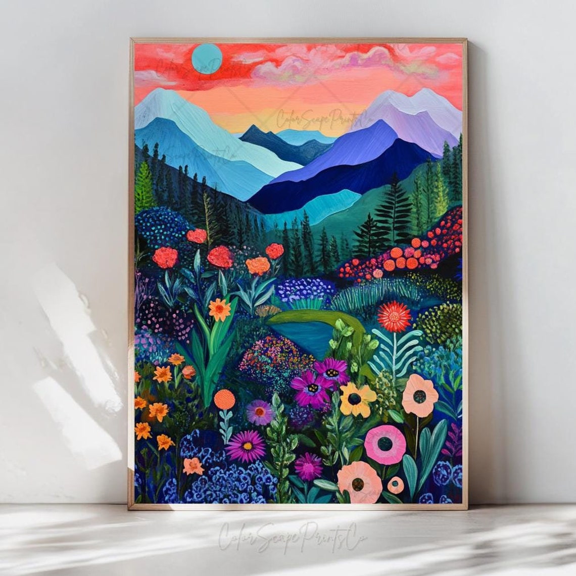 Vibrant Mountain Lake Wildflower Meadow Under Pink Sunset Sky Poster