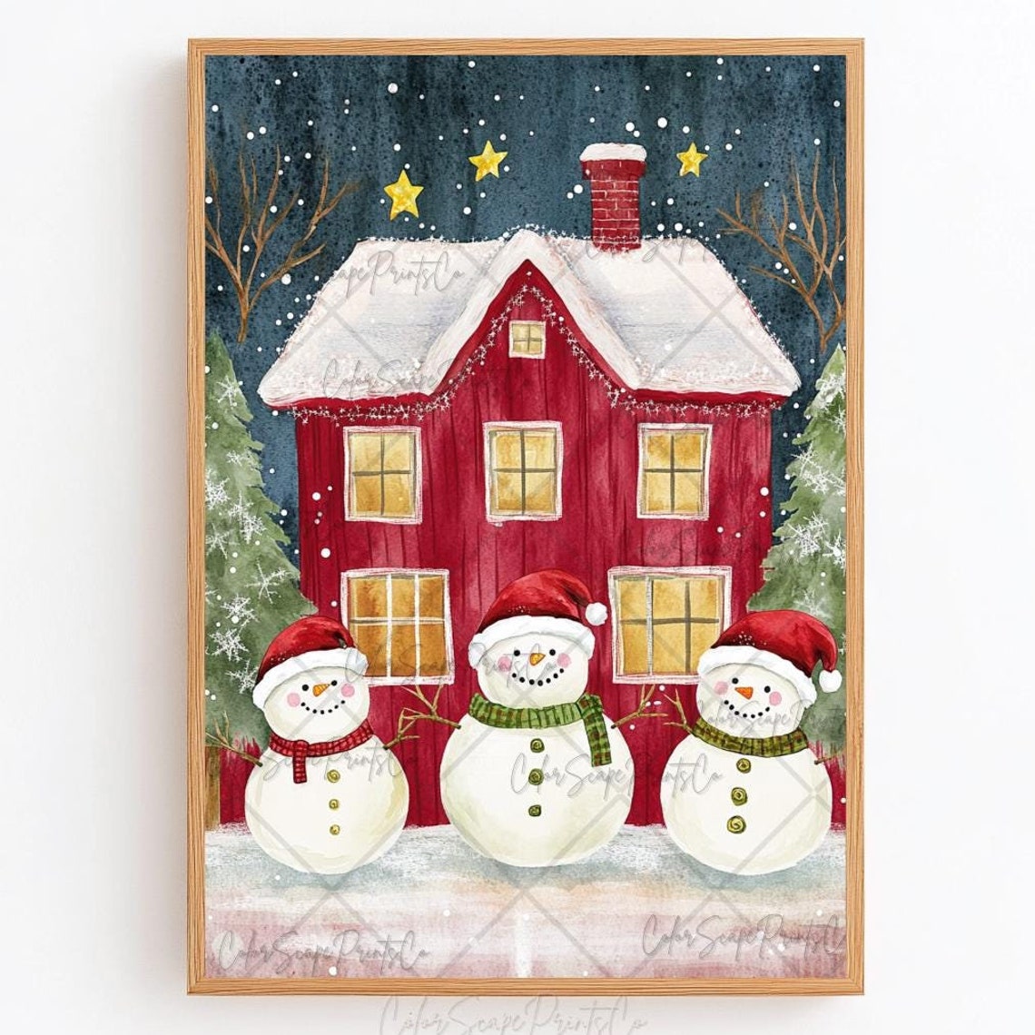 Christmas Village Print Snowman Painting Festive House Print Snowy Landscape Print Red Christmas House Christmas Mantle Decor Festive Decor