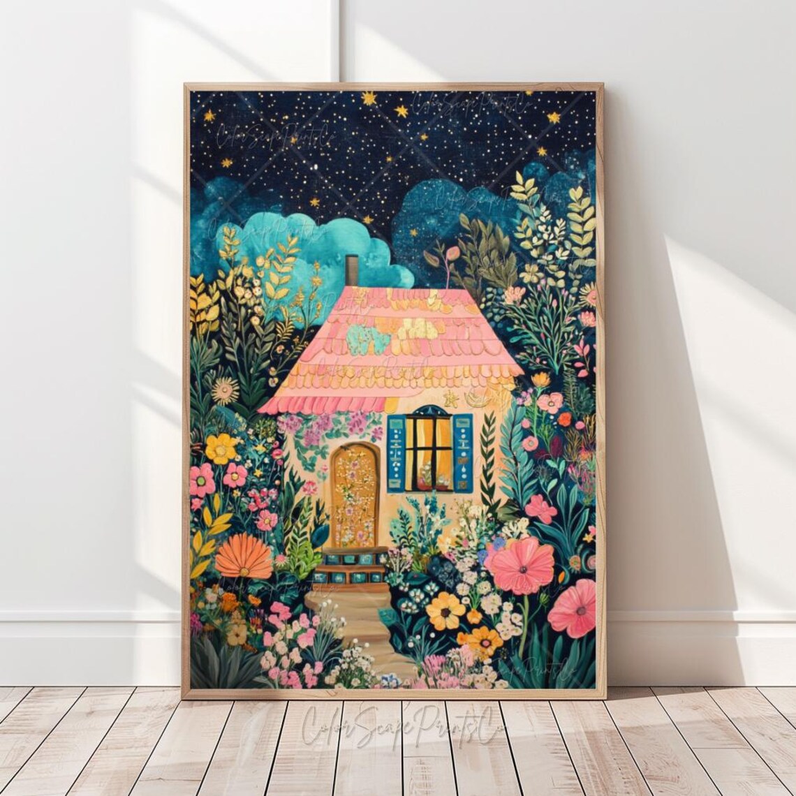 Whimsical Cottage Garden Art Print, Starry Sky