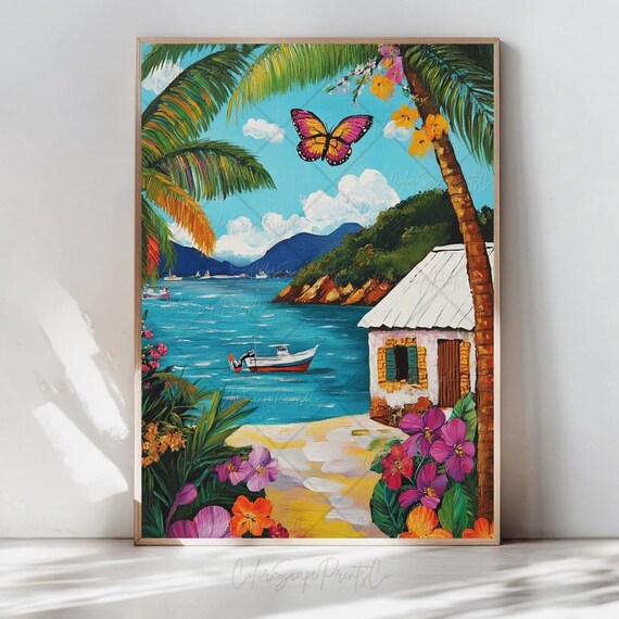 Tropical Beach Bay Painting Palm Butterfly Coastal Cottage Poster