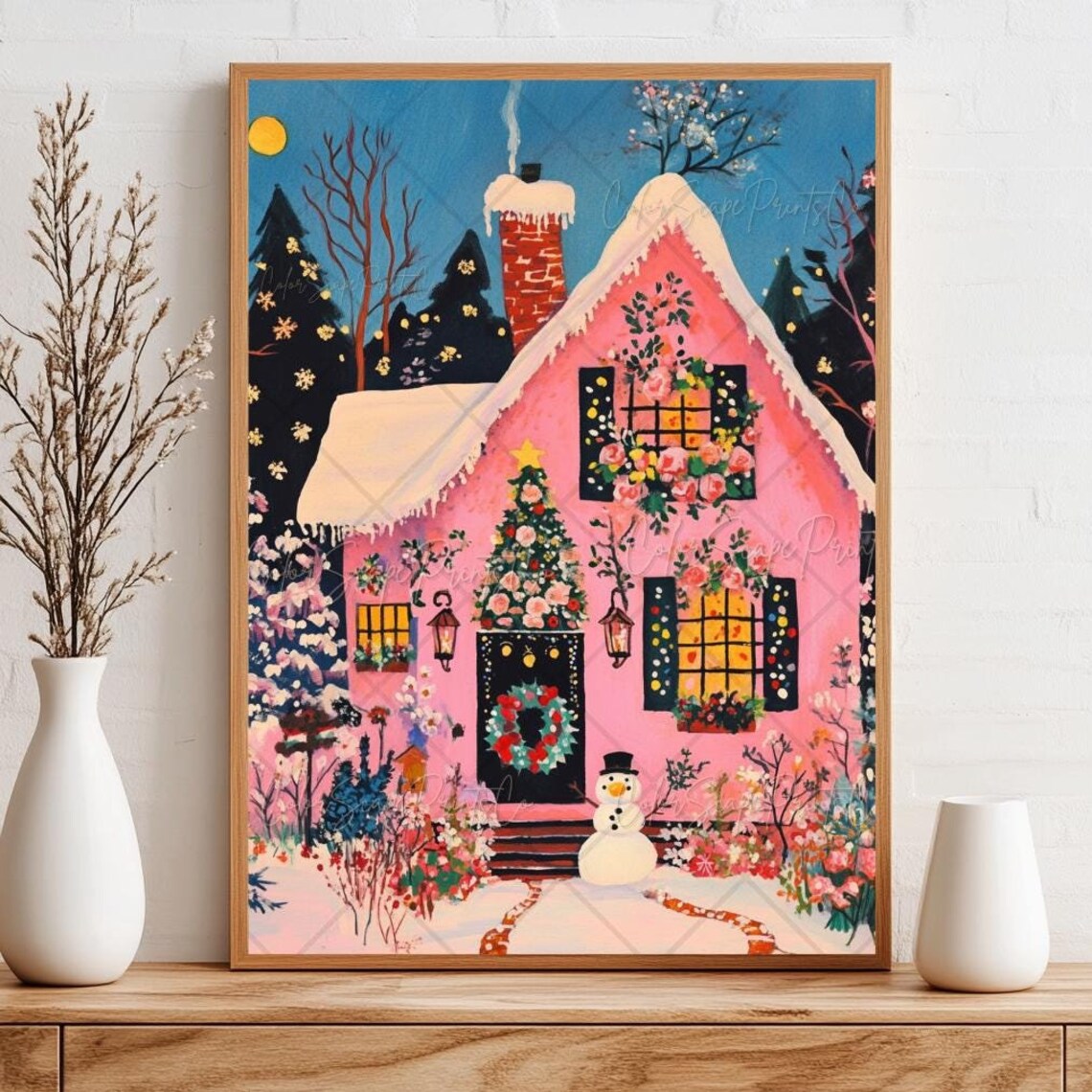 Pink Christmas House Art Print, Winter Village Decor