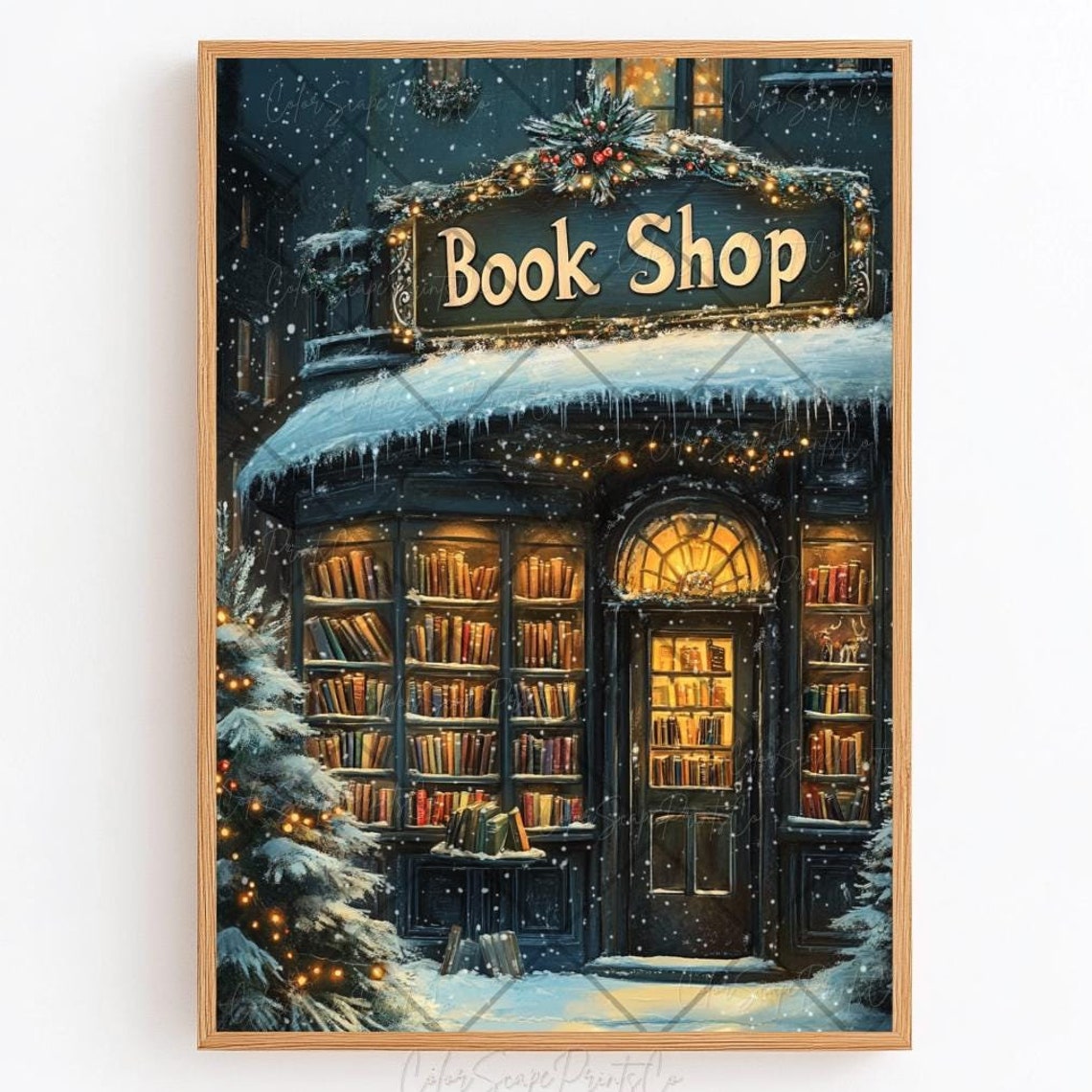 Cozy Book Shop Storefront in the Snow at Night Glowing Windows Poster