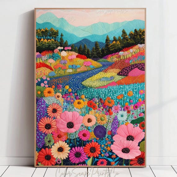 Wildflowers Painting Spring Meadow Print Whimsical Garden Colorful Landscape Blooming Vibrant Mountain Art