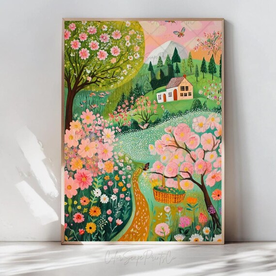 Hilltop Cottage Garden Painting Pink Blossom Spring Landscape Poster