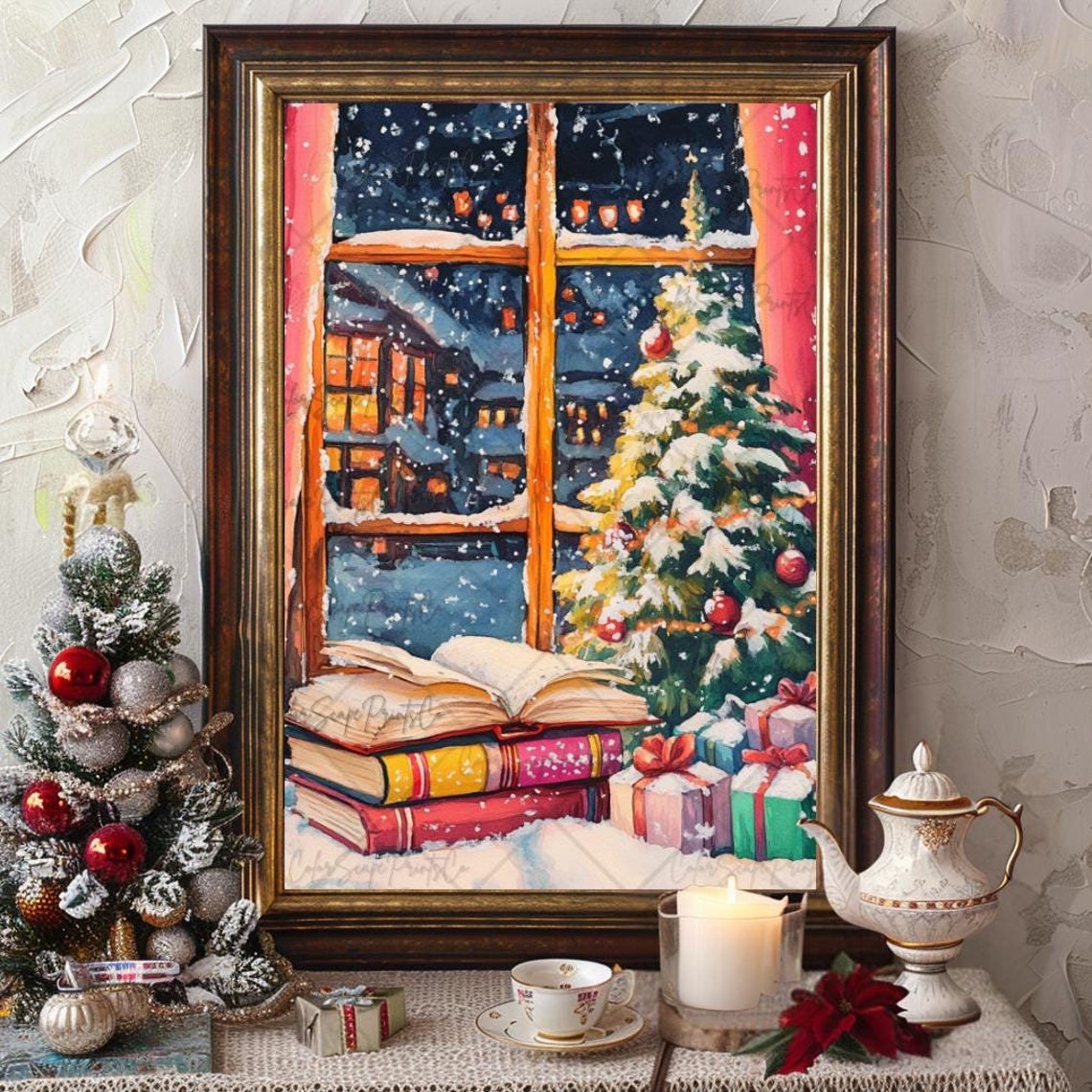 Festive Book Stack by Snowy Window Christmas Night Poster Art