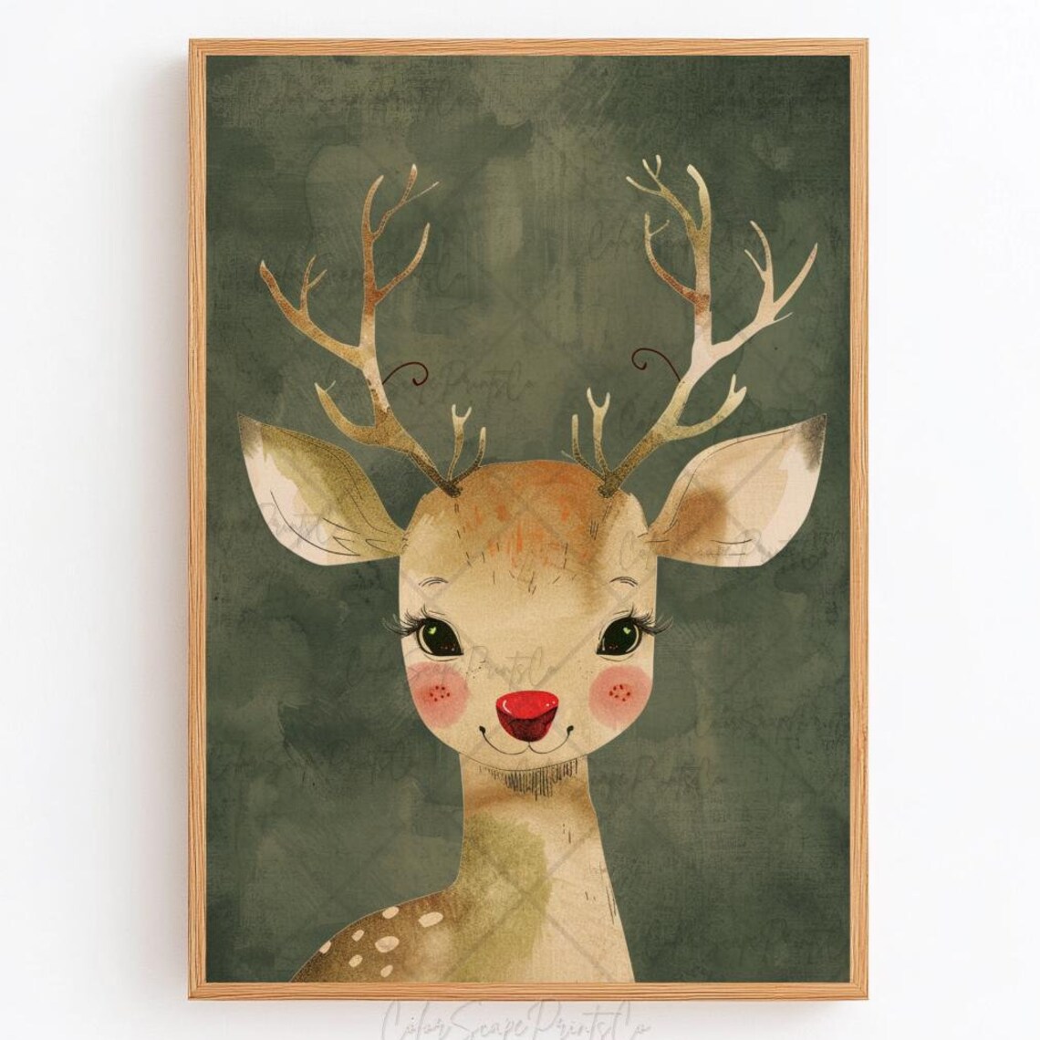 Cute Red Nose Reindeer Whimsical Portrait Dark Green Woodland Poster