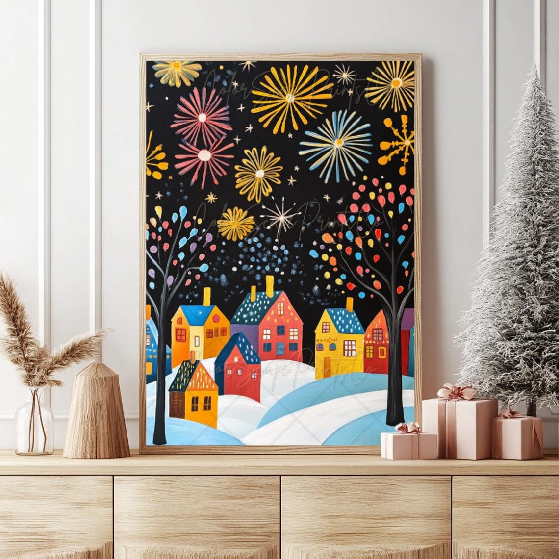 Christmas Village Wall Art Winter Wonderland Christmas Wall Art Folk Art Christmas Cozy Season Print Snowy Landscape Winter Scene