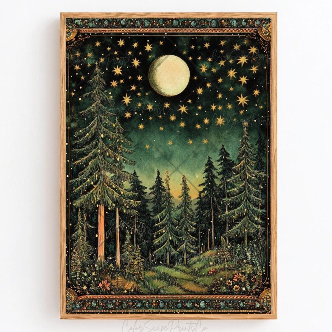 Moon and Stars Vintage Forest Landscape Art Print
