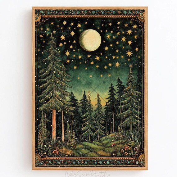 Moon and Stars Vintage Forest Landscape Art Print