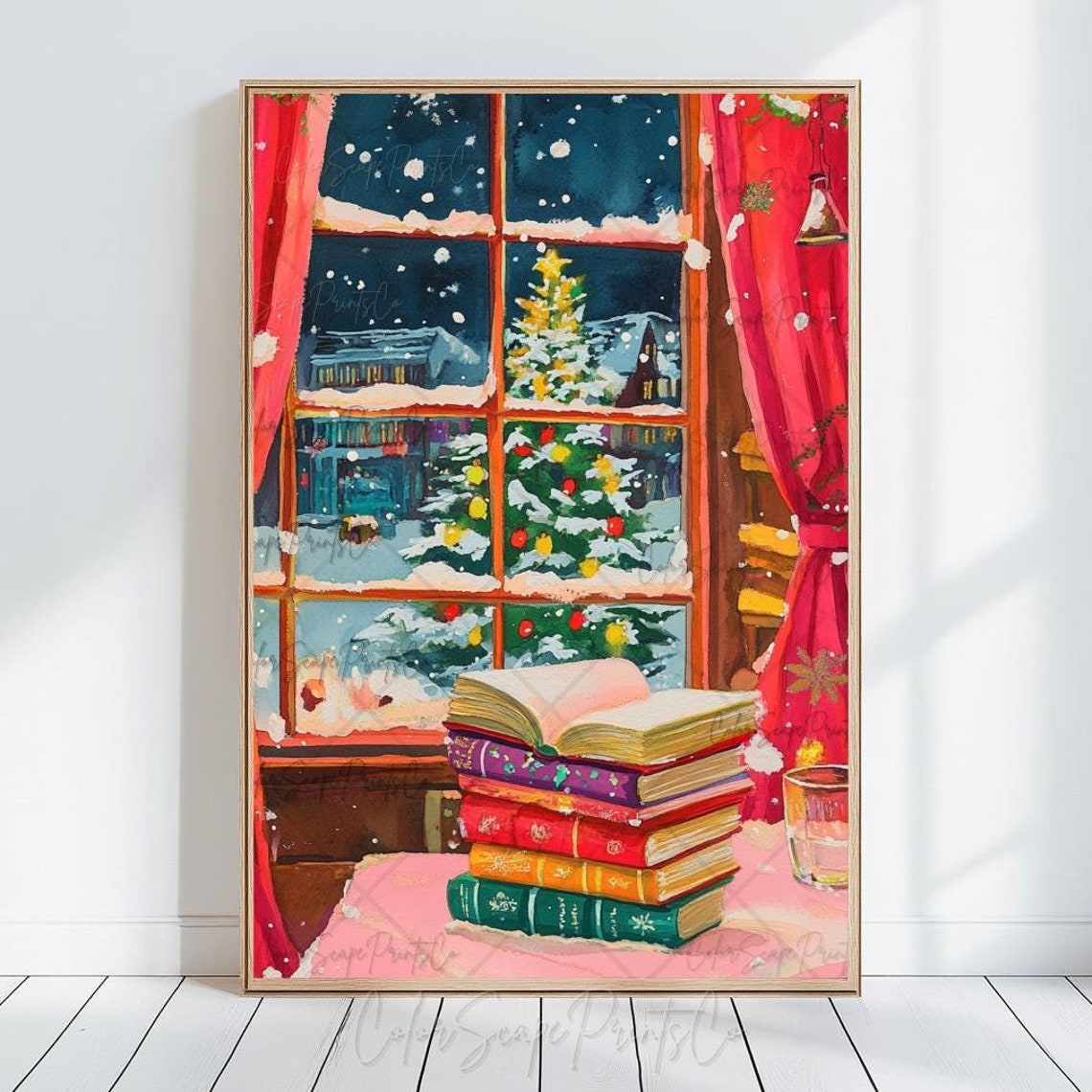 Christmas Reading Books Snowy Window Tree Cozy Holiday Poster